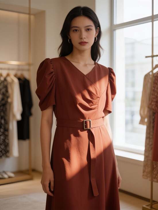 Unknown Dresses & Skirts - Rusty Orange Belted Midi Dress with Puff Sleeves